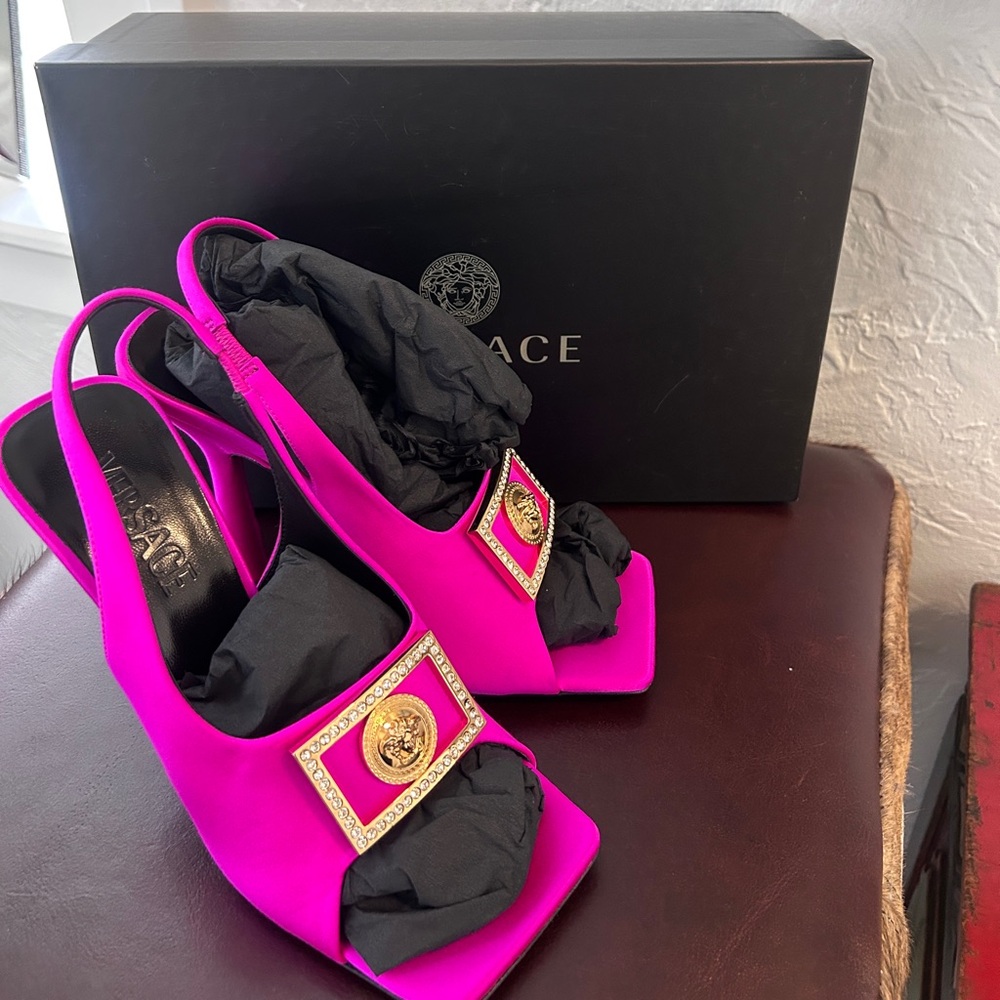 Versace Pink Heels with Gold Medallion